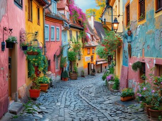 A quaint cobblestone street winding through a historic European town, with colorful buildings lining the way old-world charm Soft evening light bathes the scene, casting a warm, inviting glow over