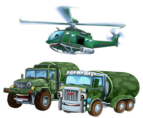 cartoon scene with two military army cars vehicles and flying helicopter theme isolated background illustration for children - 786435917
