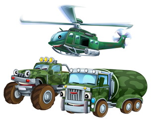 cartoon scene with two military army cars vehicles and flying helicopter theme isolated background illustration for children - 786435921