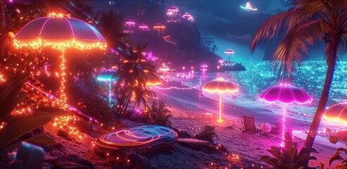 futuristic Synthwave beach party scene at night, with glowing umbrellas, retro surfboards, and neon-lit festivities