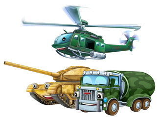 cartoon scene with two military army cars vehicles and flying helicopter theme isolated background illustration for children - 786435986