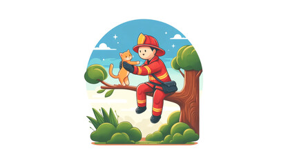 Obraz na płótnie Canvas A firefighter gently rescues a grateful orange cat stuck on a tree branch.