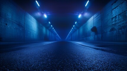 night empty road with modern LED street lights.Asphalt blue street with smoke. Empy background.

