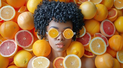 Curly-haired black woman among vibrant citrus fruits summer vibes