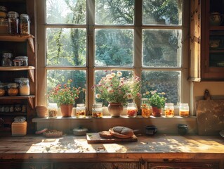 A rustic farmhouse kitchen filled with the warm glow of sunlight streaming through windows, highlighting jars of preserves and freshly baked bread homely comfort Soft, natural lighting creates a cozy 