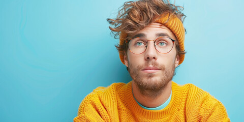 Guy is sitting at the laptop and thinking about something isolated on blue background, portrait of handsome man with glasses looking confused while working in front view, orange shirt