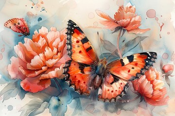 bright butterflies and peony flowers painted in watercolor