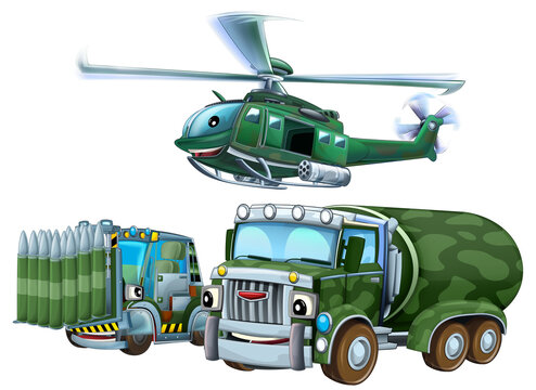 recommend clip art: cartoon scene with two military army cars vehicles and flying helicopter theme isolated background illustration for children
