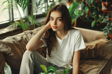Happy young woman relaxing at home sitting on sofa in modern sunny interior with green house plants