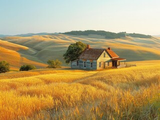 A rustic farmhouse nestled in a peaceful countryside setting, with rolling hills and fields of golden wheat stretching to the horizon rural idyll Soft, warm light bathes the landscape in a gentle glow - obrazy, fototapety, plakaty