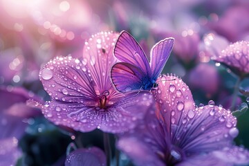 delicate violet flowers in drops of dew and butterflies against the background of sunrise
