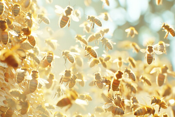 A group of bees can be seen buzzing and flying around in the air. The bees are actively collecting pollen and nectar, showcasing their busy and purposeful behavior.