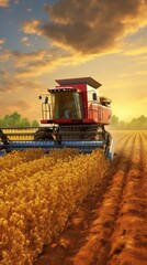 Fototapeta premium Combine harvester in a soybean field harvesting soybeans at sunset