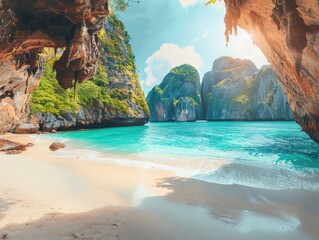 A secluded beach with crystal-clear turquoise waters lapping gently against the shore, framed by towering cliffs secluded paradise Soft, golden light bathes the scene, creating a serene and tranquil - obrazy, fototapety, plakaty
