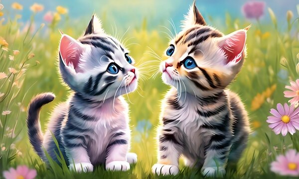 Wallpaper or illustration, representing a watercolor painting of two cute baby cats, on a flowery meadow, for children
