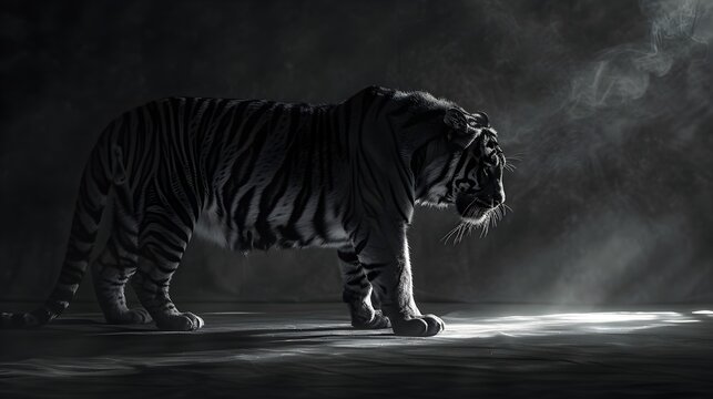 Fierce Tiger Stalking Through Misty Jungle in Dramatic Monochrome
