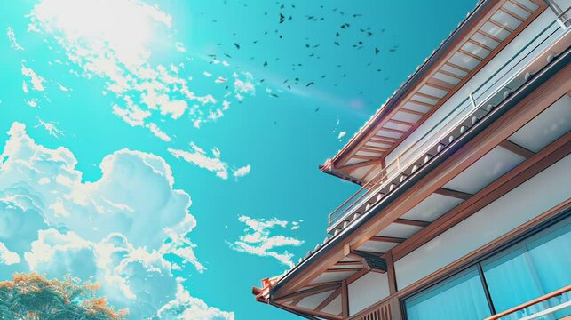 Animation exterior of Japanese house with birds flying when the clear sky. Cartoon seamless looping. Generative AI