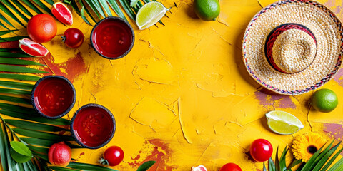 Minimalist modern mexican Cinco de Mayo holiday background, warm yellow background top view. Flat layout style