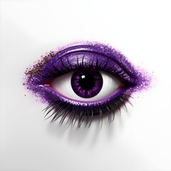 close up of eye with purple eye shadow on white background