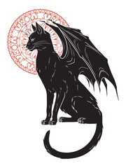 Black cat with monster wings isolated. Witch familiar spirit, halloween or pagan witchcraft theme print design vector illustration