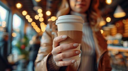 Woman holding coffee cup to go