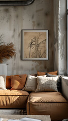 mockup poster frame hanging above an industrial metal pipe, adjacent to a cozy corner sofa, modern interior, hyperrealistic photography