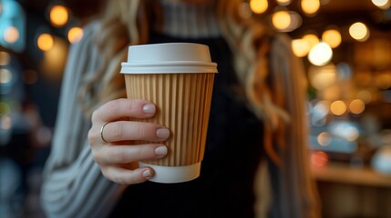 Woman holding coffee cup to go - 786437544