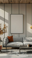 mockup poster frame hanging above hanging fabric panel, by a designer sectional sofa, modern interior, hyperrealistic photography