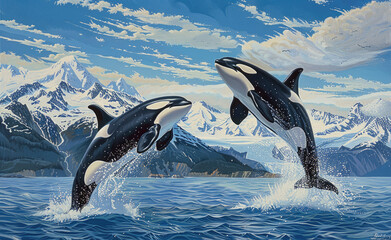 Two orcas leaping gracefully from the ocean, with snowcapped mountains in the background, showcasing their elegant and playful nature - obrazy, fototapety, plakaty