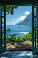 Offenes Fenster oder Tür mit Meerblick, Kalaupapa, Molokai, Hawaii