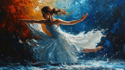 Contemporary Oil Painting of A Pretty Women Ballerina Ballerina Dancer in White Ballet Dress On Grunge Wall Blue Background - obrazy, fototapety, plakaty