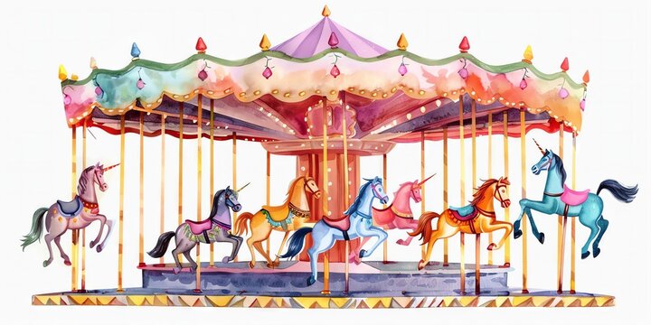 Whimsical carousel with colorful horses isolated image on white background