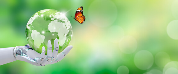 Globe crystal glass ball in robot hand with butterfly. Green background with bokeh. Artificial Intelligence, World mental health and World earth day. Saving environment and World Ecology Concept.