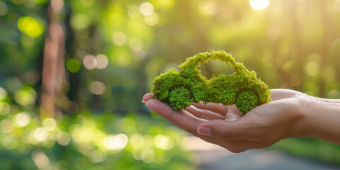 Hand holding green moss shaped like a car icon for an eco friendly vehicles concept with a blurred background of nature and sunlight. Green energy, ecology or environmental protection idea. 