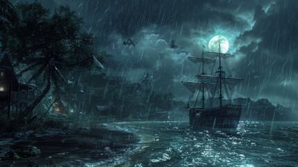 A midnight storm rages over a pirate cove, the sea alive with the fury of the tempest and the mystery of tales untold - obrazy, fototapety, plakaty