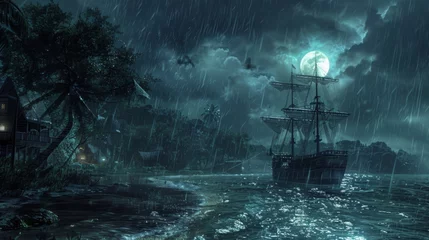 Fotobehang A midnight storm rages over a pirate cove, the sea alive with the fury of the tempest and the mystery of tales untold © Jaden