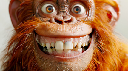 Caricature very big toothy wide smile of smiling Monkey , monkey with white smile looking at camera on white background