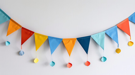Photo of a colorful bunting banner on a white background, with space for text. Happy birthday - obrazy, fototapety, plakaty
