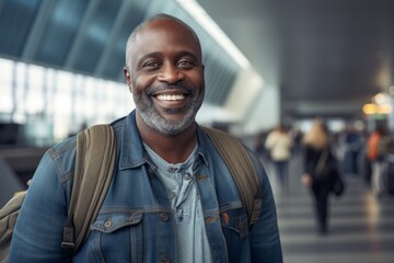 Portrait of a joyful afro-american man in his 50s wearing a rugged jean vest on busy airport...