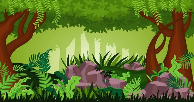 4k Animated landscape background. Green jungle forest with colorful summer leaves