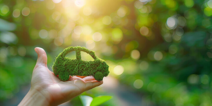 Hand holding green moss shaped like a car icon for an eco friendly vehicles concept with a blurred background of nature and sunlight. Green energy, ecology or environmental protection idea. 