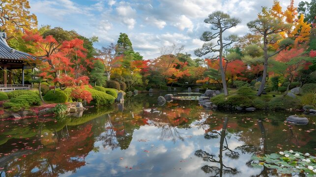 Reflection of Autumn Foliage in a Serene Japanese Garden Pond