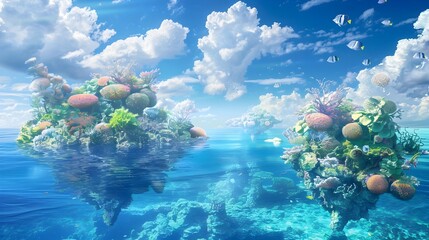 Obraz na płótnie Canvas Captivating Floating Coral Islands in a Vibrant Underwater Seascape