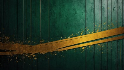 Emerald green and gold grunge stripes abstract banner design. Geometric tech vector background with aged wall texture.