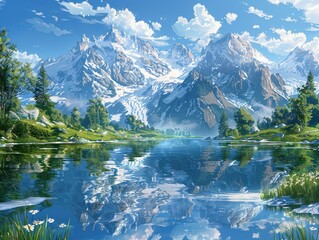 A serene mountain lake nestled among snow-capped peaks, with tranquil waters reflecting the surrounding landscape alpine tranquility The pristine beauty of the mountain landscape is captured