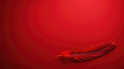 Minimalist depiction of a single red feather against a deep red backdrop, highlighting simplicity and texture.