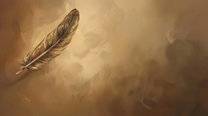 A solitary dark feather stands out against a golden abstract background with swirling patterns.