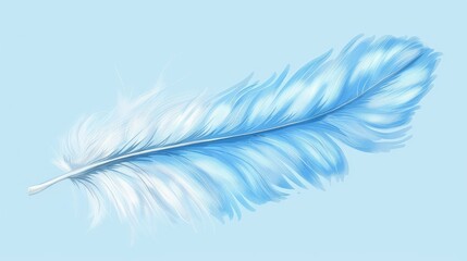 An airy blue feather illustrated in fine detail against a clear sky blue background.
