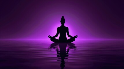 A serene silhouette of a person in meditation pose reflected on water, under a calming purple hue.