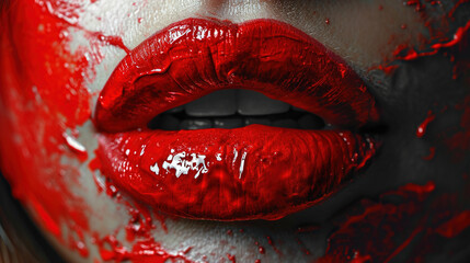 Gorgeous Women Red Lips With Dripped Red Liquid Paint Color Lipstick Blurry Background